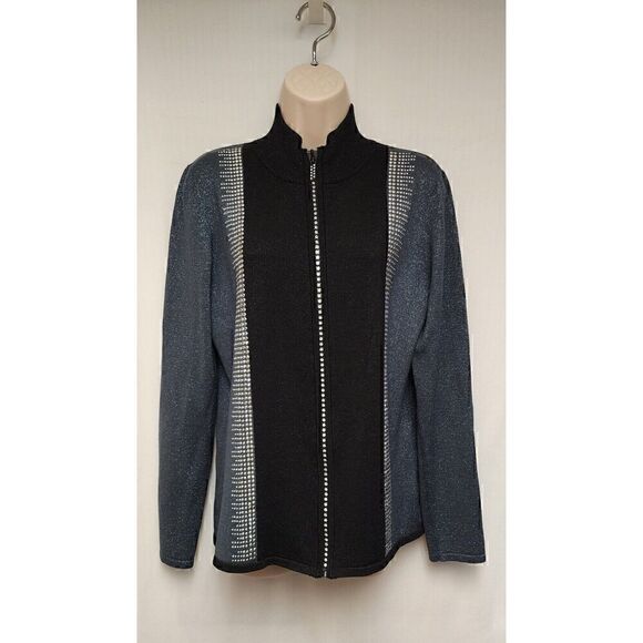 Fontana Black Ribbed Shimmer Jeweled Zip Up Sweater Size Medium - Picture 2 of 5